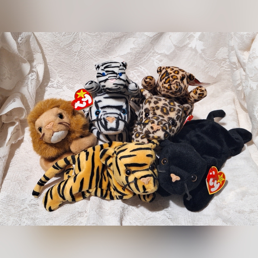 8 WILD Cats: Ty Beanie Babies & Teenies;Lion, Tigers, Leopards, Panther & Cougar